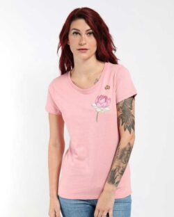 Rosa dame t-skjorte med blomst og bie i 100 % økologisk bomull » Etiske & økologiske klær » Grønt Skift