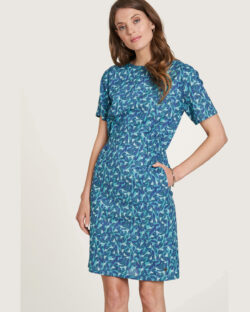Blå midi kjole med bladmønster - 100 % økologisk bomull » Etiske & økologiske klær » Grønt Skift
